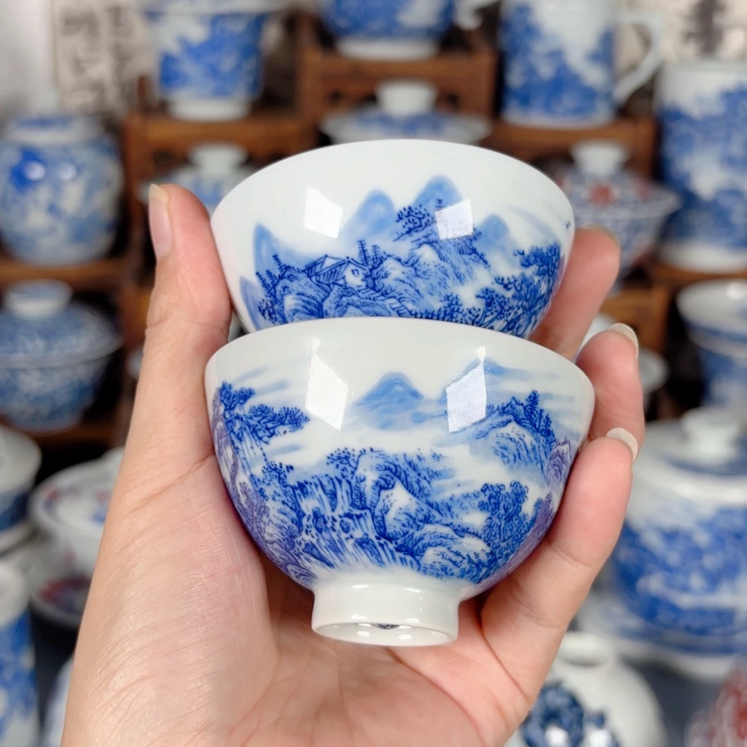 放***由青花瓷器手绘作品陶瓷杯