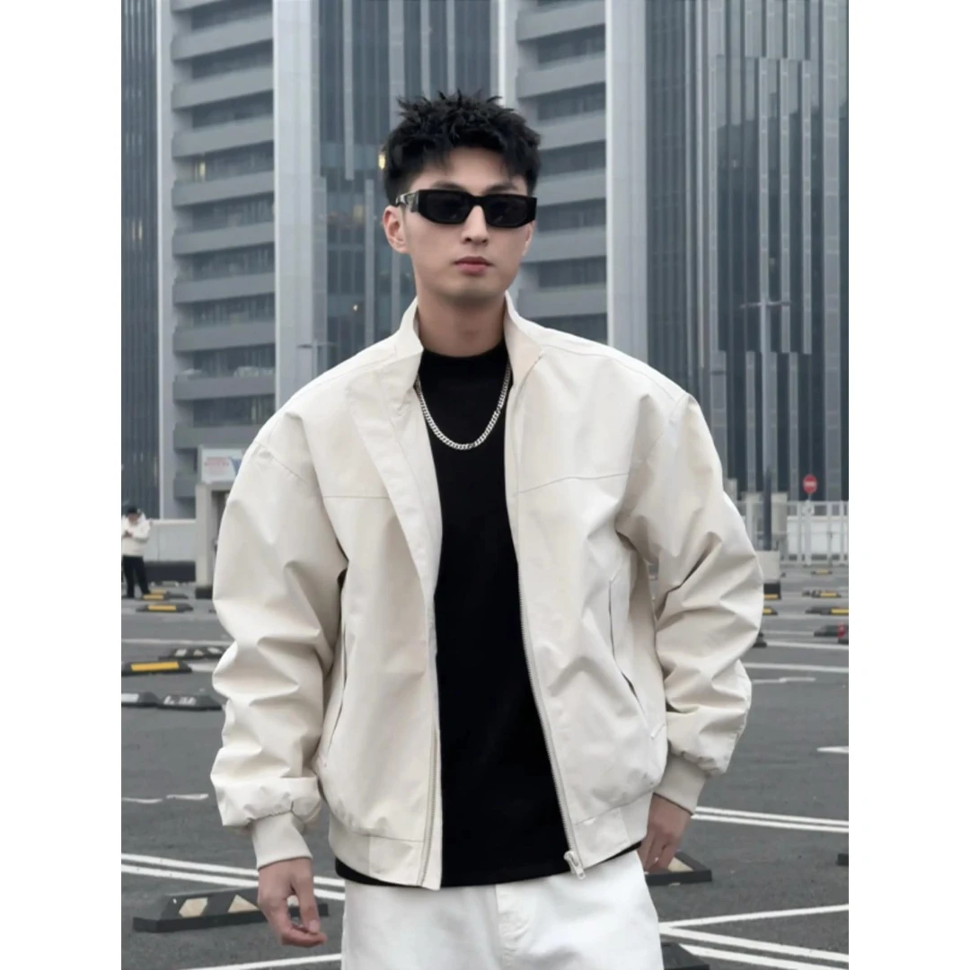 美式痞帅高级感白色外套男士春秋cleanfit立领飞行员教练棒球夹克