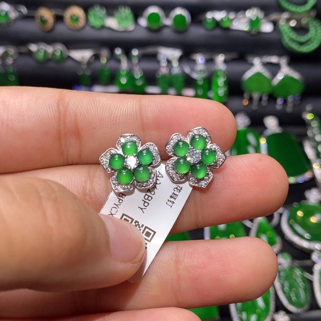 银S925镶嵌翡翠耳饰天然翡翠