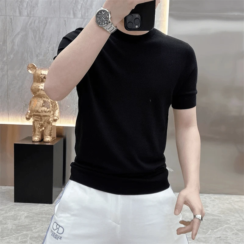 高品质欧货轻奢短袖T恤男针织冰丝纯色简约时尚休闲百搭半袖上衣