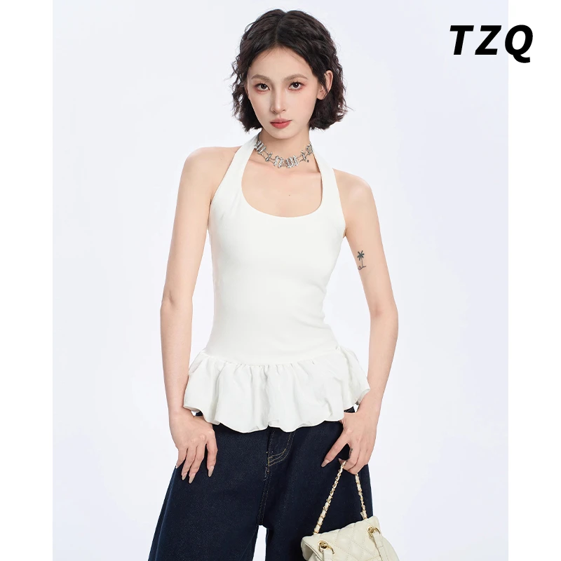 白色挂脖花边吊带背心女2025夏季新款性感美背无袖上衣TZQ2540213