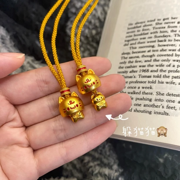 铜合金棉绳项链 【躲猫猫】新中式金色小猫钱币项链可爱铃铛毛衣链