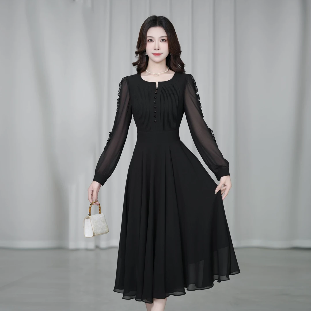 【现货】2025黑色尤莱特穿搭时尚气质显瘦轻奢长裙连衣裙