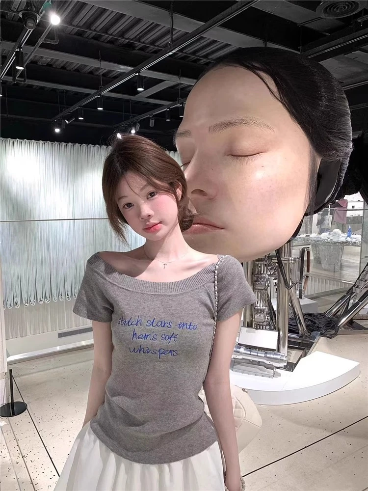 韩系字母印花斜肩t恤睡衣女夏季新款辣妹短袖一字领露肩收腰上衣