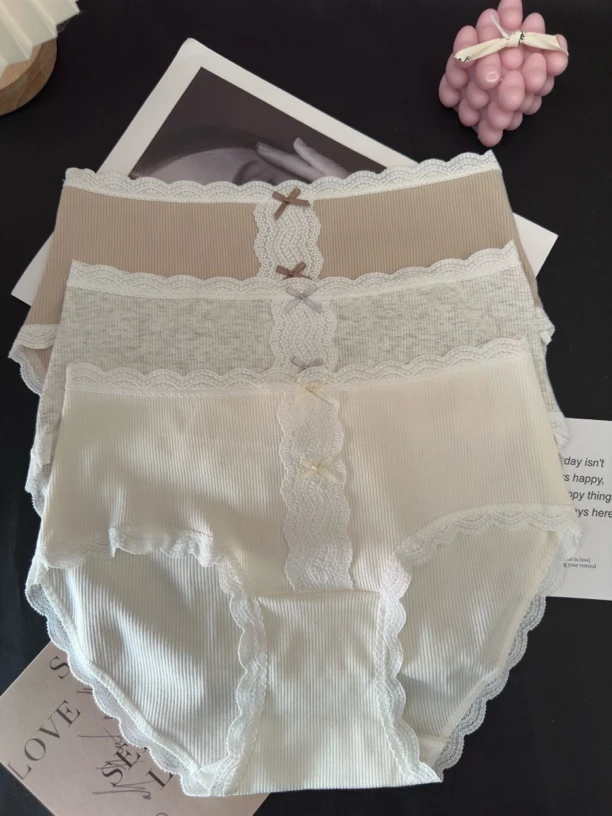 90-130斤 法式温柔蕾丝中腰内裤螺纹棉透气三角裤甜美