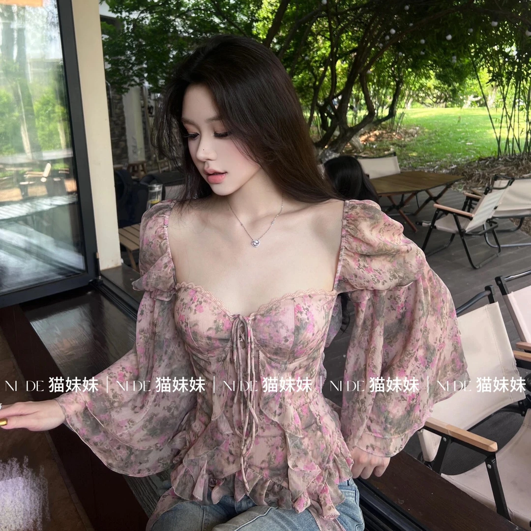 现货！浮春若梦 定制印花飘袖收腰对丝工艺雪纺上衣女