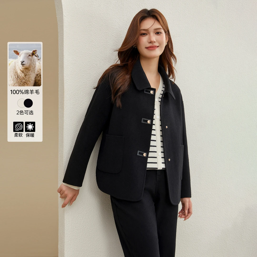 【秋冬轻奢绒感全羊毛大衣】纤莉秀W大码女装双面呢舒适外套QJ2857