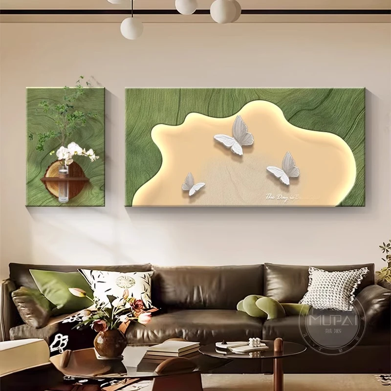 2025新款客厅装饰画水培绿植沙发背景墙挂画中古风高级感壁画灯画
