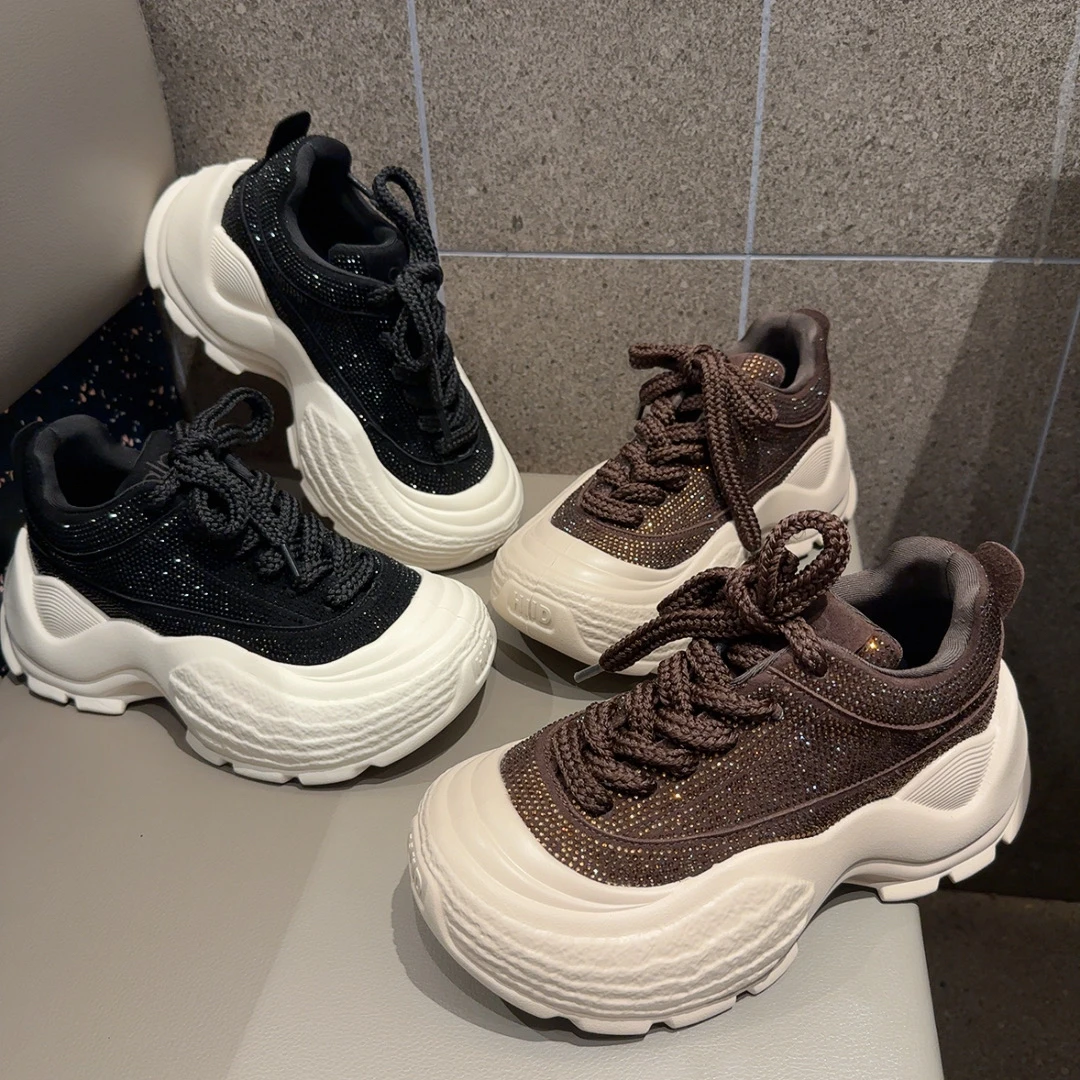 2025年新款时尚厚底老爹鞋水钻休闲鞋单鞋增高7cm时尚休闲鞋ins潮