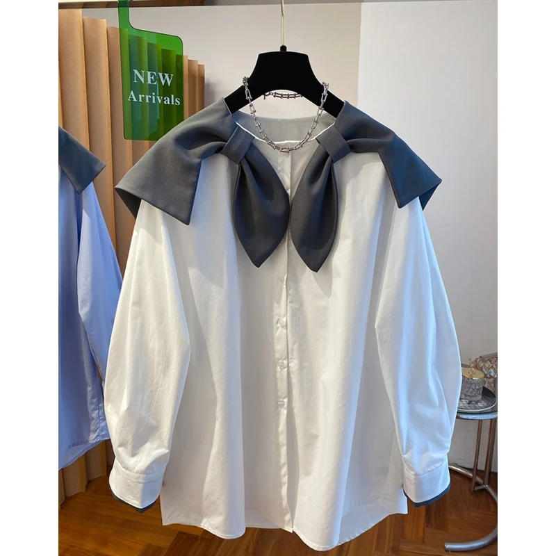 6208设计感小众蝴蝶结海军领大翻领衬衫女新款宽松减龄娃娃领上衣