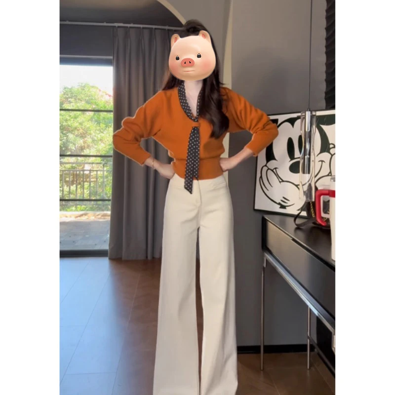 法式V领波点丝巾橘色套头打底毛衣女秋冬加厚宽松内搭针织衫上衣