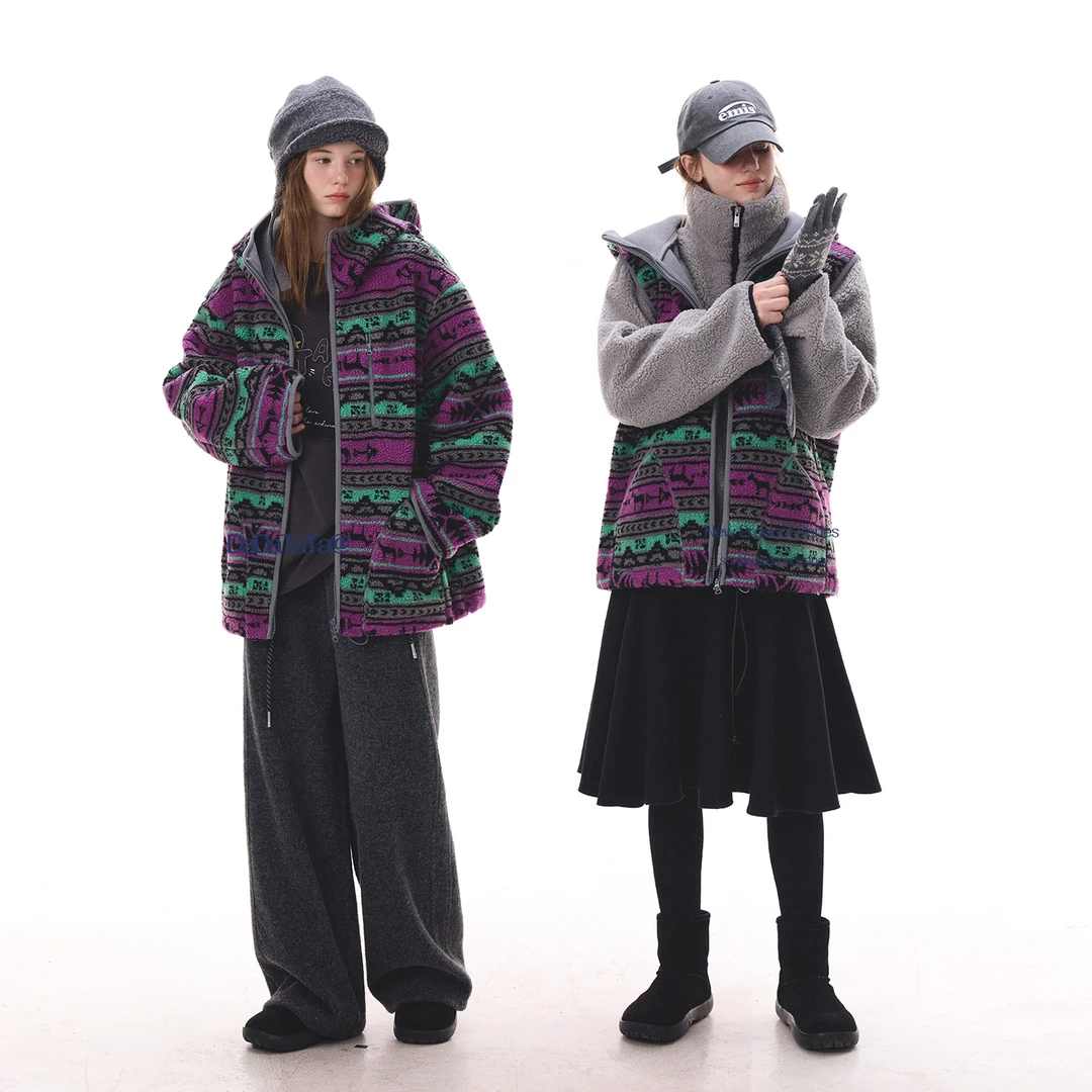 DTA晶咕白标【北岛森林】多色混纺民族风马甲+混纺带帽外套