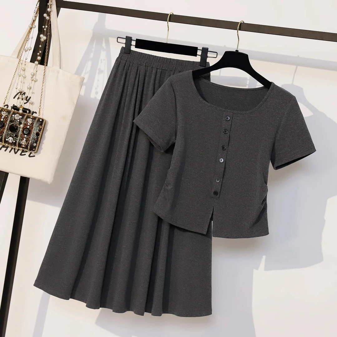 大方得体的套装裙女大码胖mm显瘦遮肚一整套穿搭半身裙两件套夏季