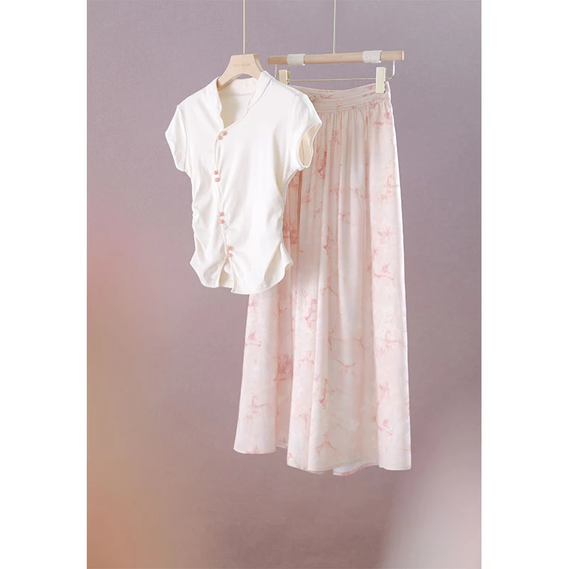 【赵大喜】白桃花茶套装 | 简约立领短袖T恤 A字印花裤裙套装