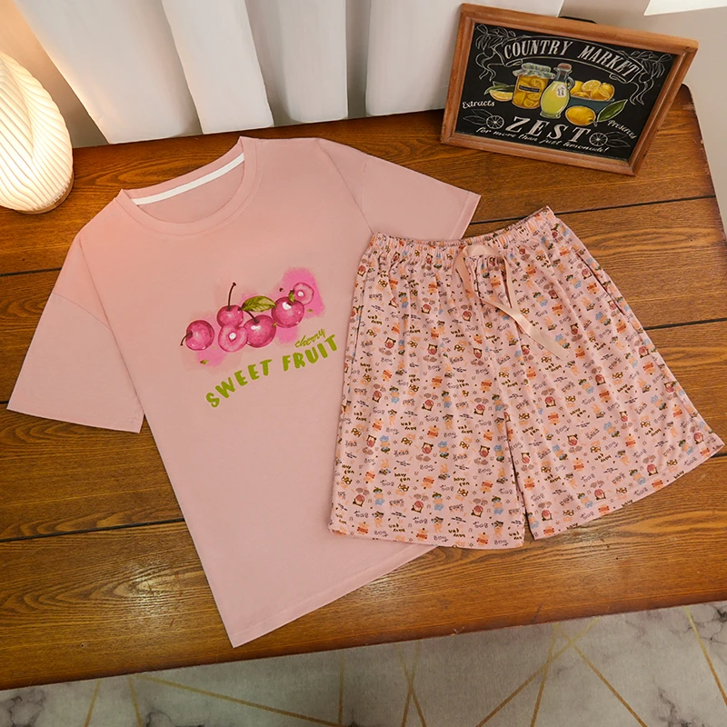 睡衣女夏季新款烟粉色水果字母双短女家居服两件套装可外穿-778