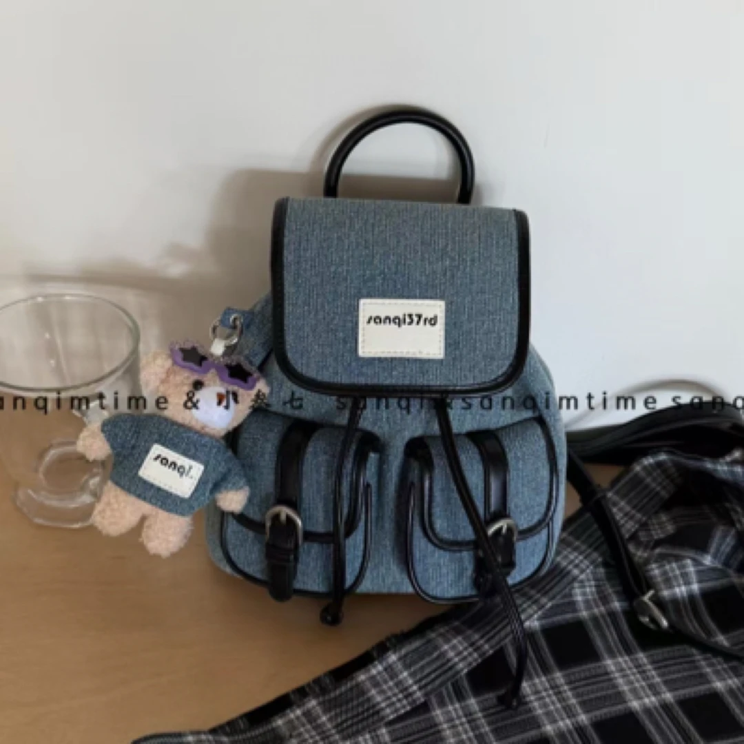 韩版复古单尼牛仔双肩包双口袋简约百搭休闲书包复古单肩包