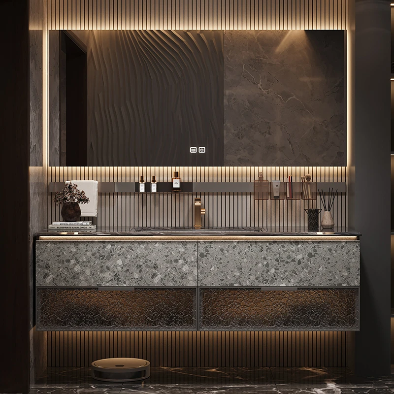 铂帝斯高奢印花浴室柜多层实木九层全桉木奢石台下陶瓷盆HS013