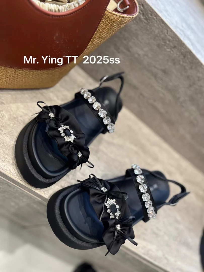 夏季高跟鞋水钻黑色百搭圆头粗跟凉鞋时装凉鞋魔术贴外穿休闲