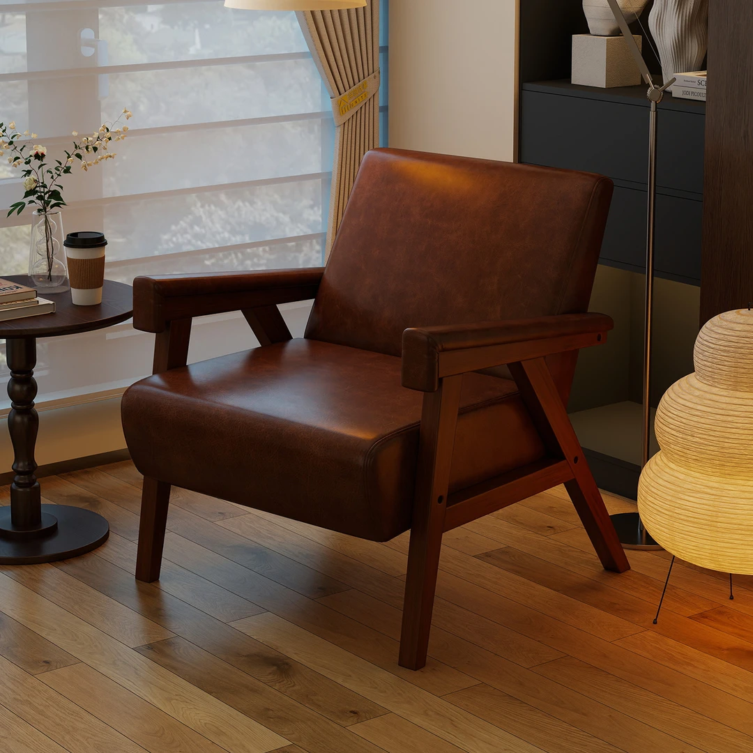中古风油蜡皮实木单人沙发椅客厅阳台家用复古简约设计师休闲椅子