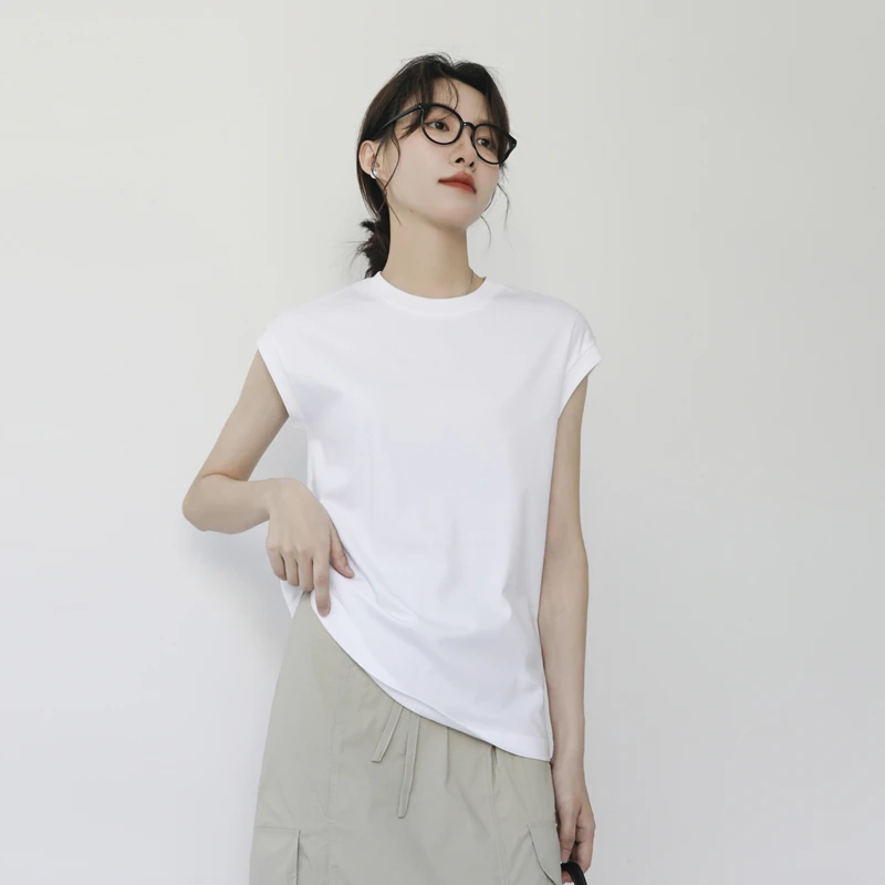 100%液氨纯棉无袖T恤女背心小圆领丝光棉中领宽肩遮副乳叠穿上衣