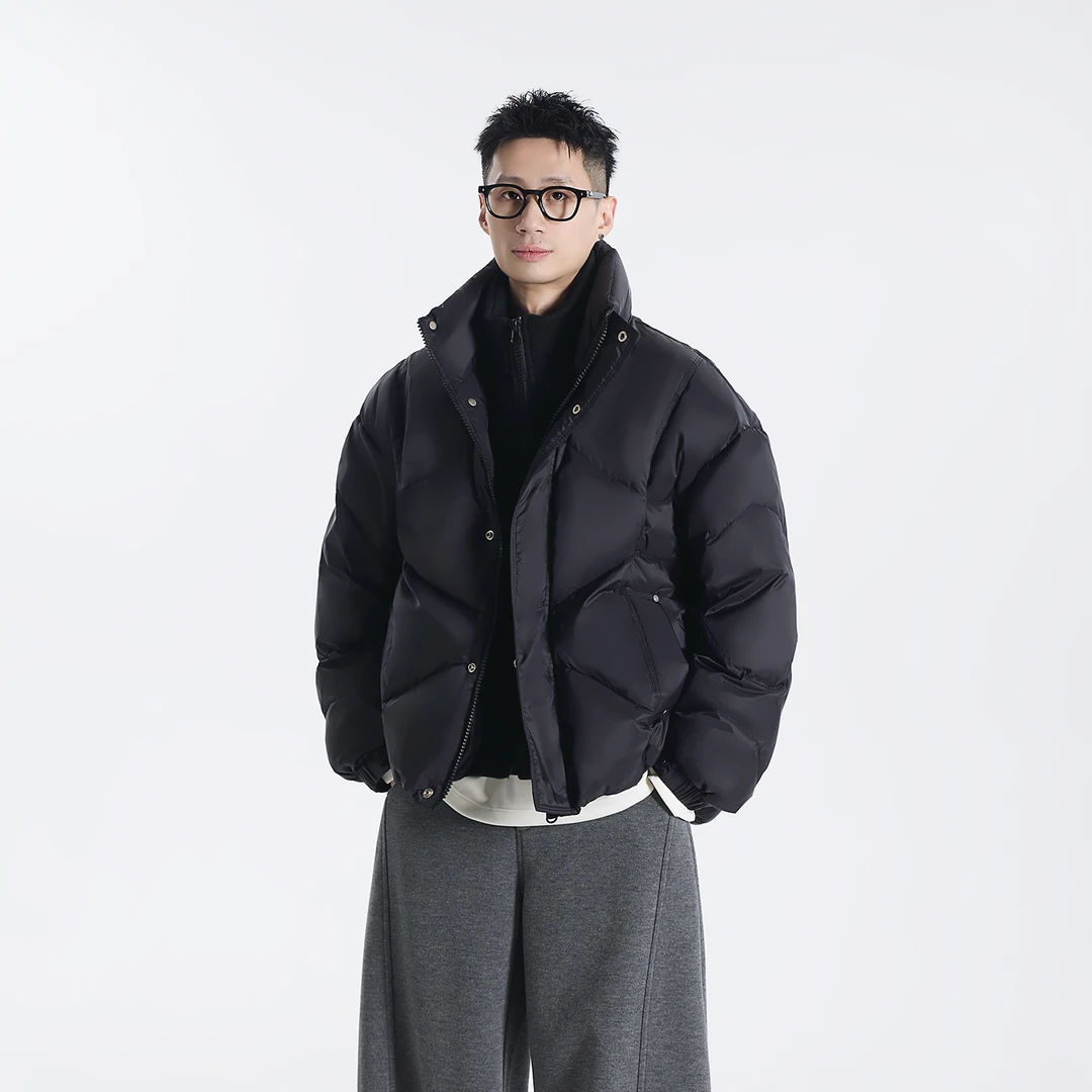 GCCDUPE77『旧冬序』原纱羊毛混纺90鸭绒毛呢拼接假两件立领羽绒服