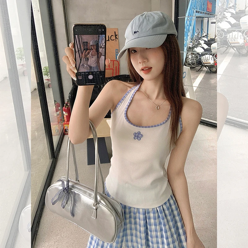 撞色格子拼接挂脖吊带女夏季甜辣花朵收腰露背背心外穿度假风上衣