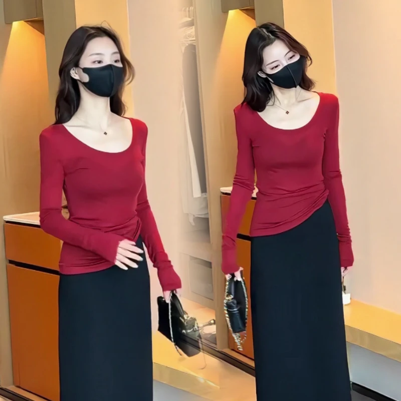 【运费补贴]U领纯欲长袖T恤夏新款修身显瘦打底上衣薄款A字半身裙