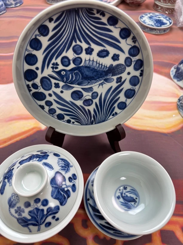 景德镇青花鱼澡纹陶瓷五件套