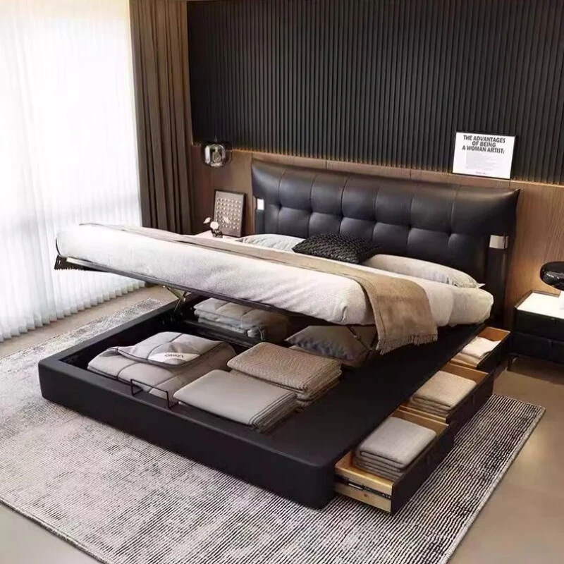 新号活动意式极简床黑色真皮床1.8双人床主卧大床小户型储物婚床