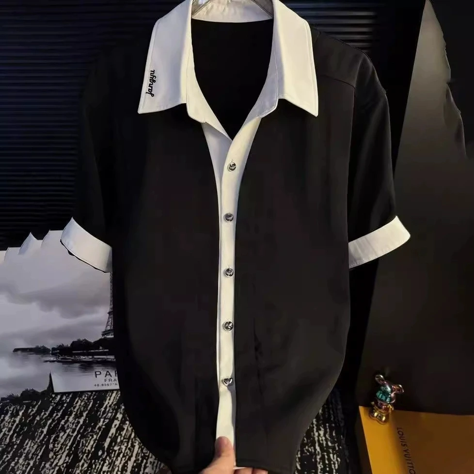 2025夏季新款男装黑色短袖衬衫简约宽松版型时尚休闲百搭潮流上衣