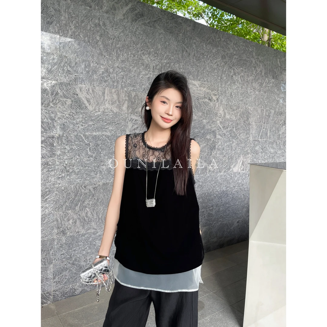 欧尼家【归期雾】质感丝绒拼接套头T恤 / 本期重磅推荐坎肩DX8191N