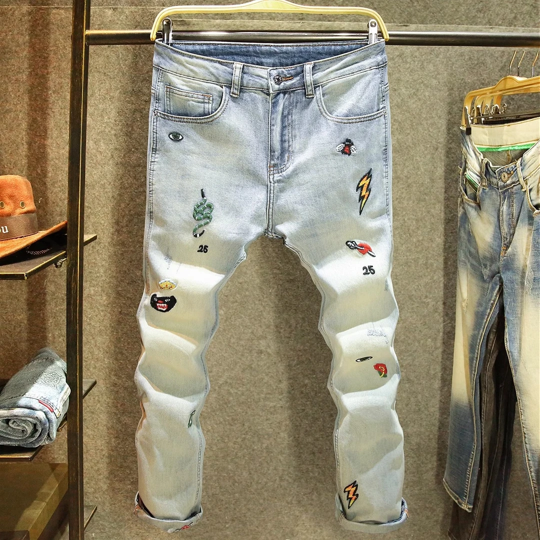 Cebrodz高端原创刺绣牛仔裤男复古怀旧修身小脚裤夏薄款百搭长裤