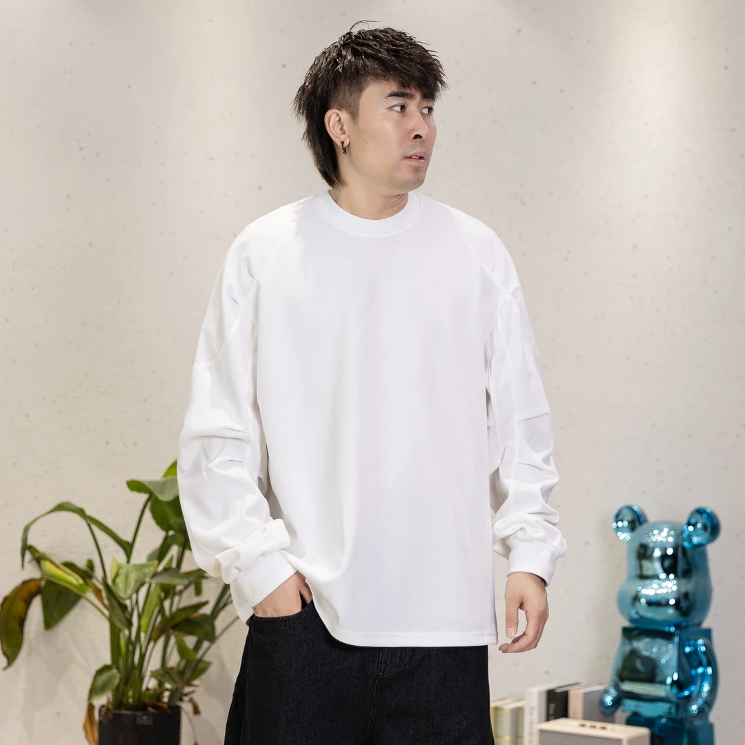 秋季日系运动纯色圆领弯刀袖宽松长袖卫衣男女潮牌重磅T桖套衫