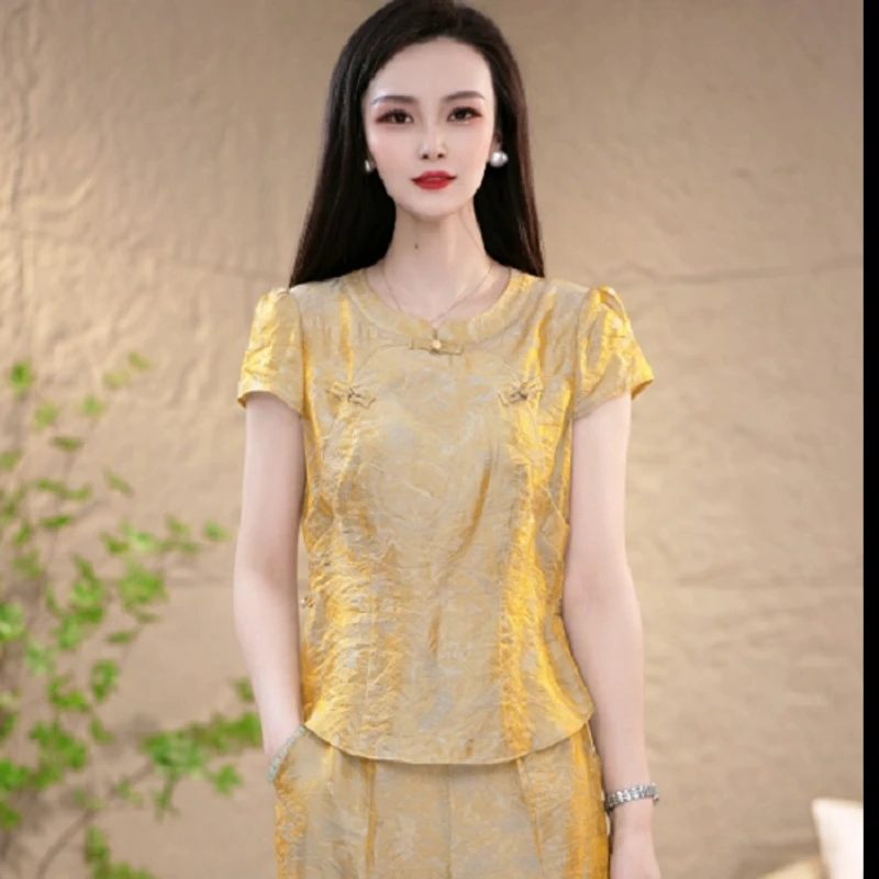 薄款时尚套装夏季百搭小众气质流光金清凉透气遮肉显瘦套装两件套