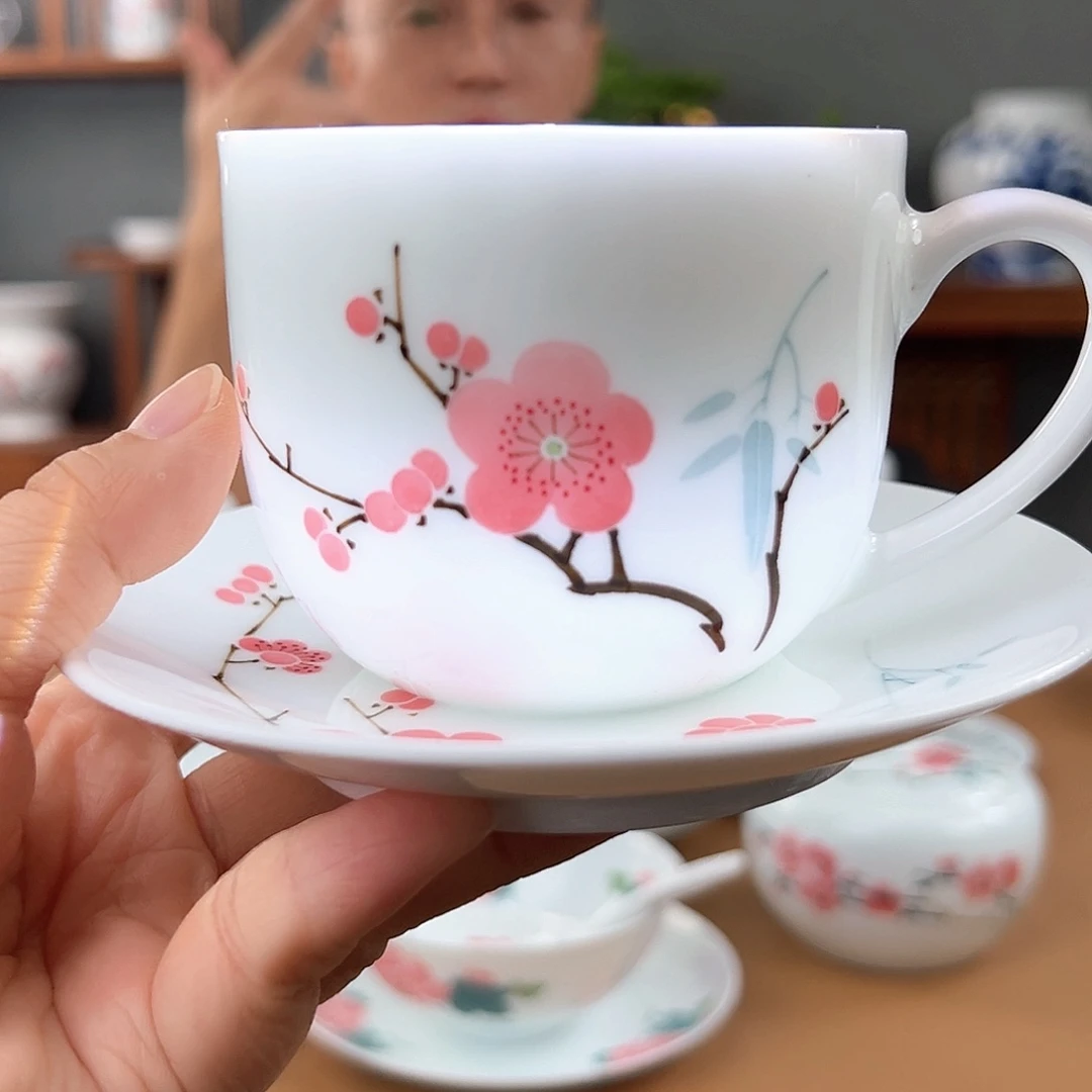 高白瓷翠竹红梅咖啡杯碟瑕