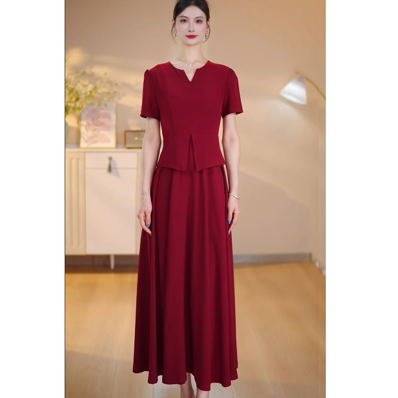 假两件套时尚V领短袖气质夏季连衣裙收腰长款过膝高级感优雅轻奢