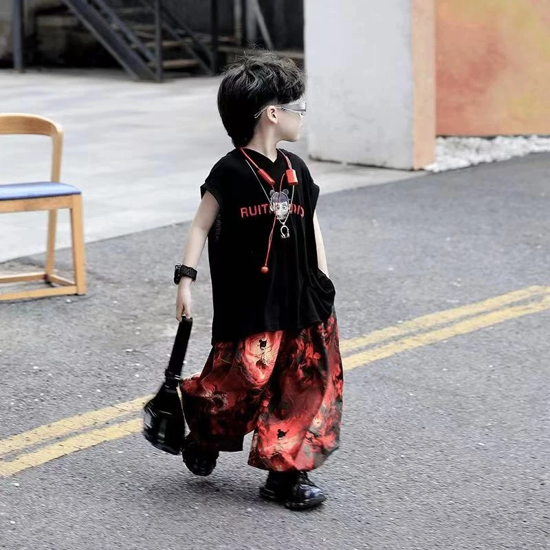 男童夏装套装2025新款儿童夏季哪吒亮灯轻薄透气无袖背心两件套潮