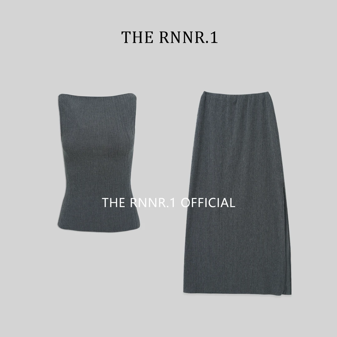 THE RNNR.1欧美风 超弹 一字领 灰色上衣 半裙套装
