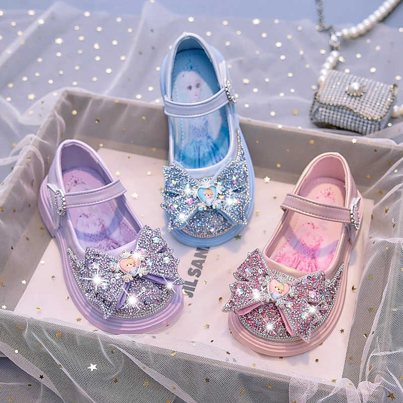 女童鞋子爱莎儿童公主鞋蓝色水晶皮鞋2025秋季新款女孩软底宝宝鞋
