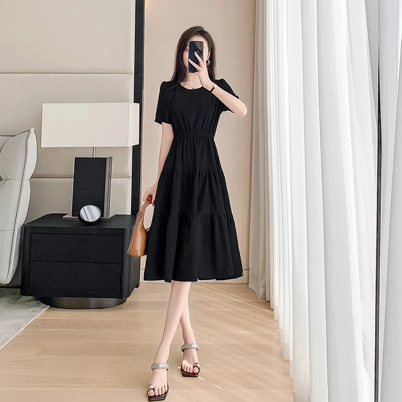 法式黑色连衣裙女中长款夏季2025新款圆领气质显瘦a字小黑裙子潮