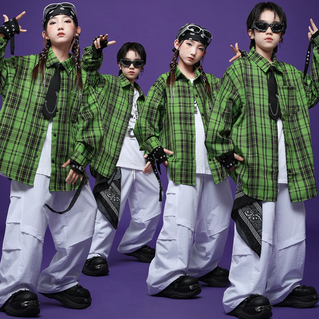 儿童街舞演出服男女童帅气格子衬衫嘻哈breaking架子鼓走秀舞蹈服