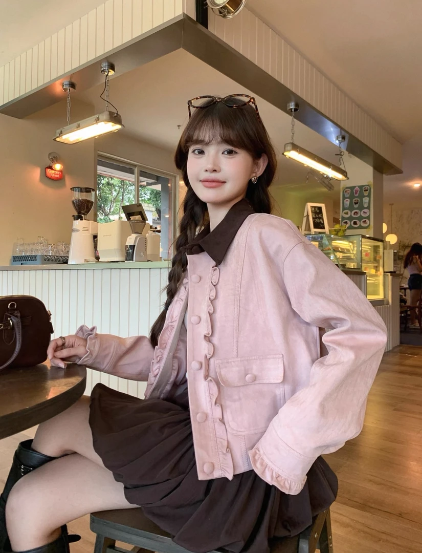 miu系甜美粉色宽松外套女2025秋季新款撞色拼接翻领显瘦上衣