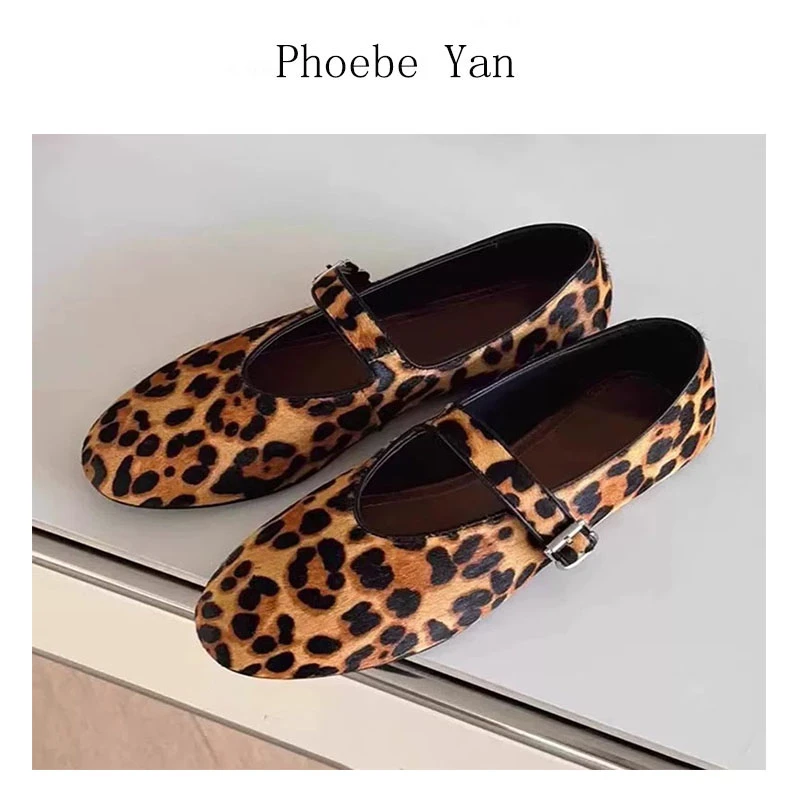 马毛豹纹复古玛丽珍2025早春新款圆头一字带单鞋女平底奶奶鞋百搭