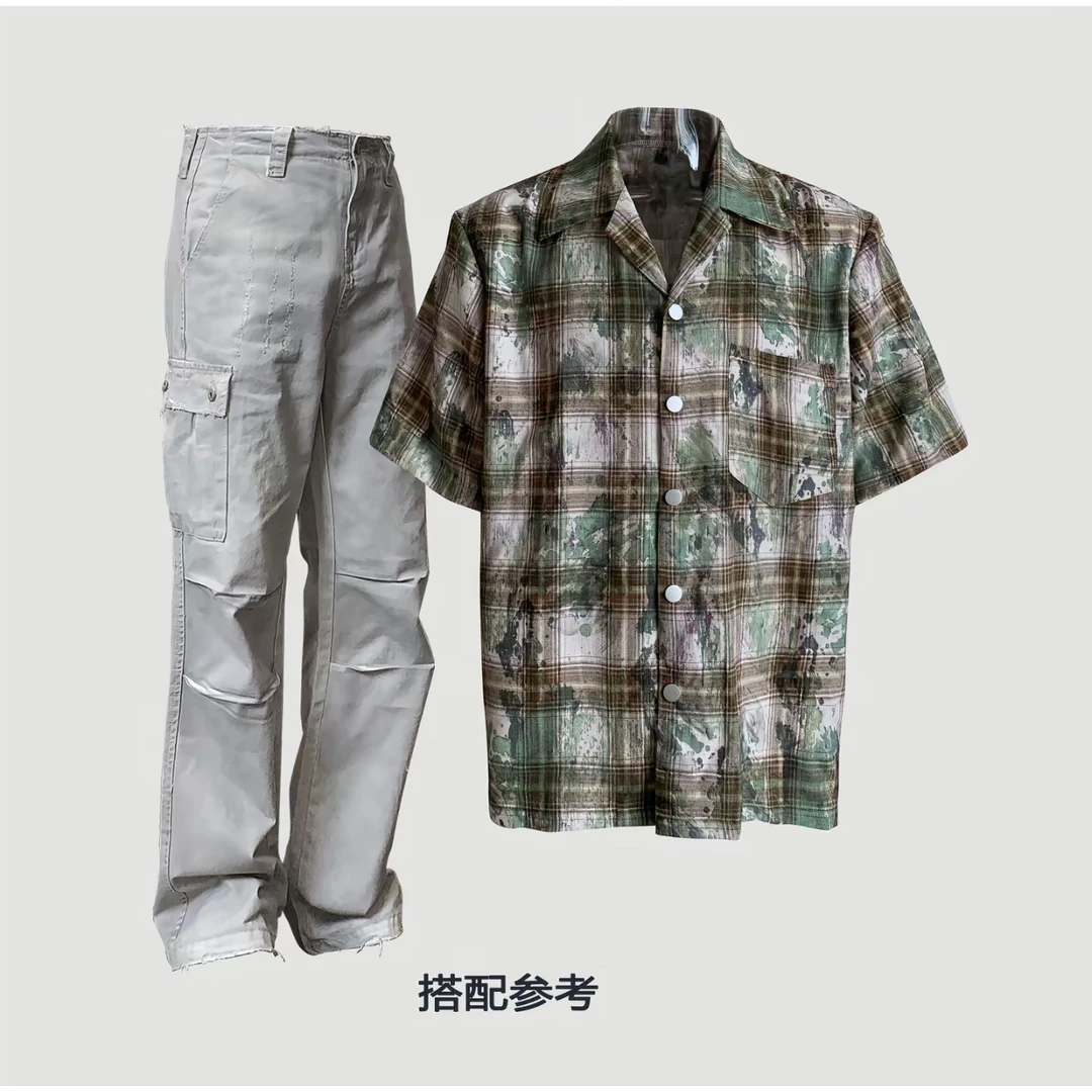 C28#复古格纹衬衫泼墨扎染设计格子衬衣美式休闲宽松短袖