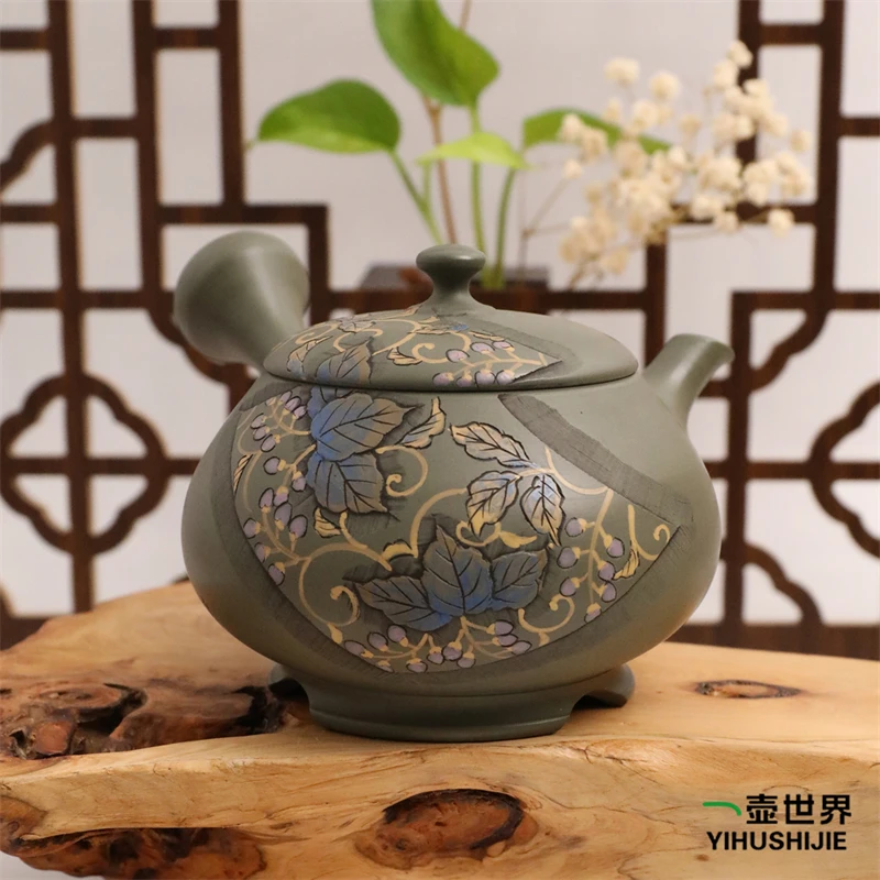 常滑烧手工日式紫砂侧把陶茶壶 修三作幸山雕绿泥紫藤雕270ml
