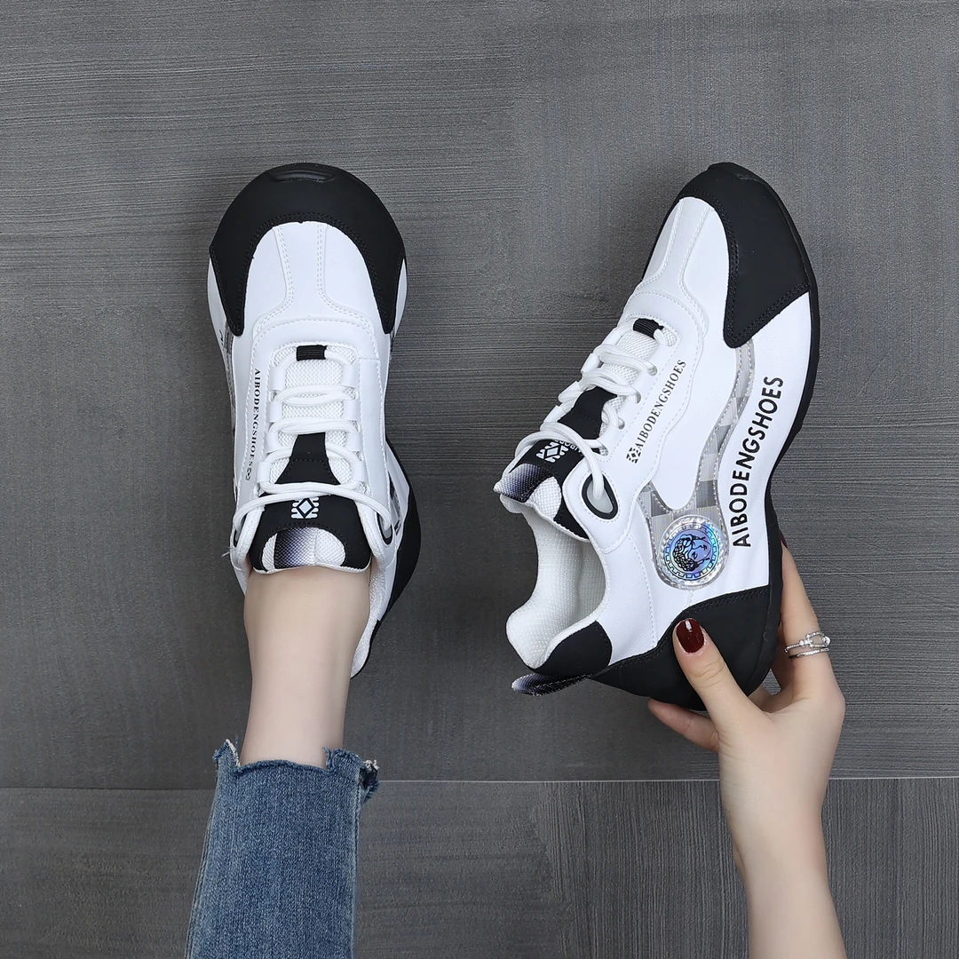 白黑网面时尚轻便透气软底厚底防滑情侣跑步鞋百搭手工潮鞋