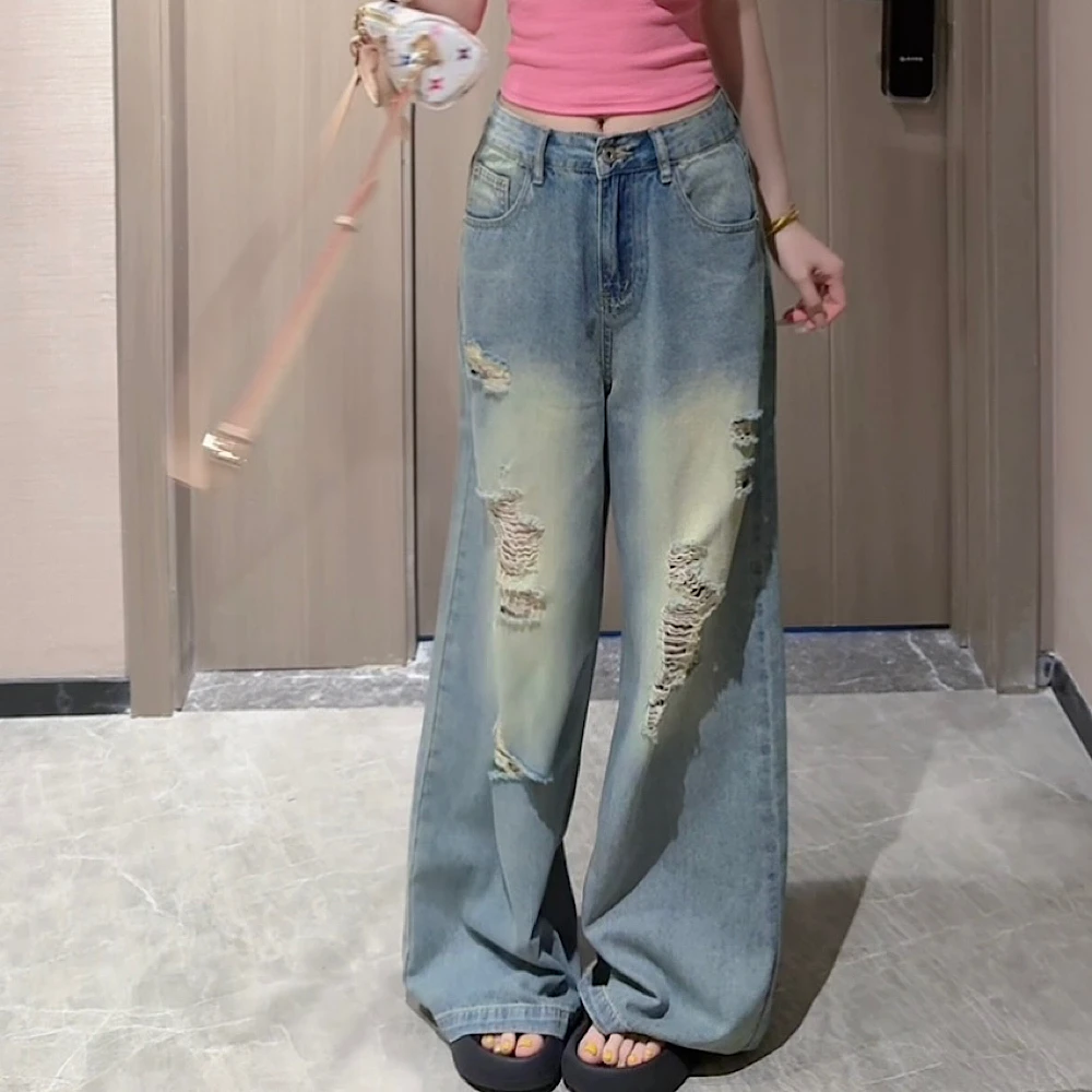 【CCDZ】夏季新品时尚韩系百搭显瘦高腰破洞牛仔裤阔腿裤女