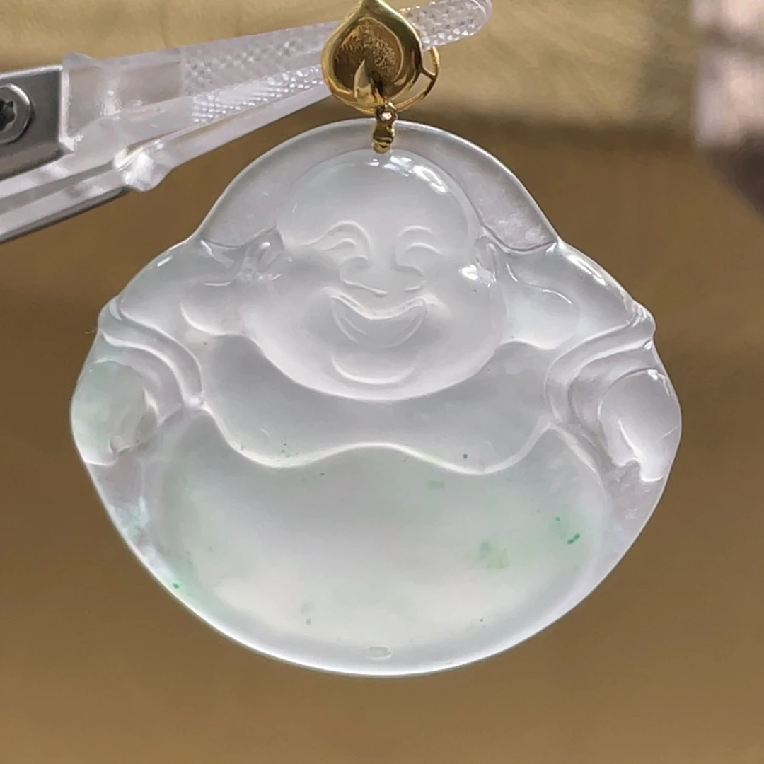 石英质玉18K金镶嵌吊坠(赠链)18k白底飘阳绿碎花高品质佛公带证