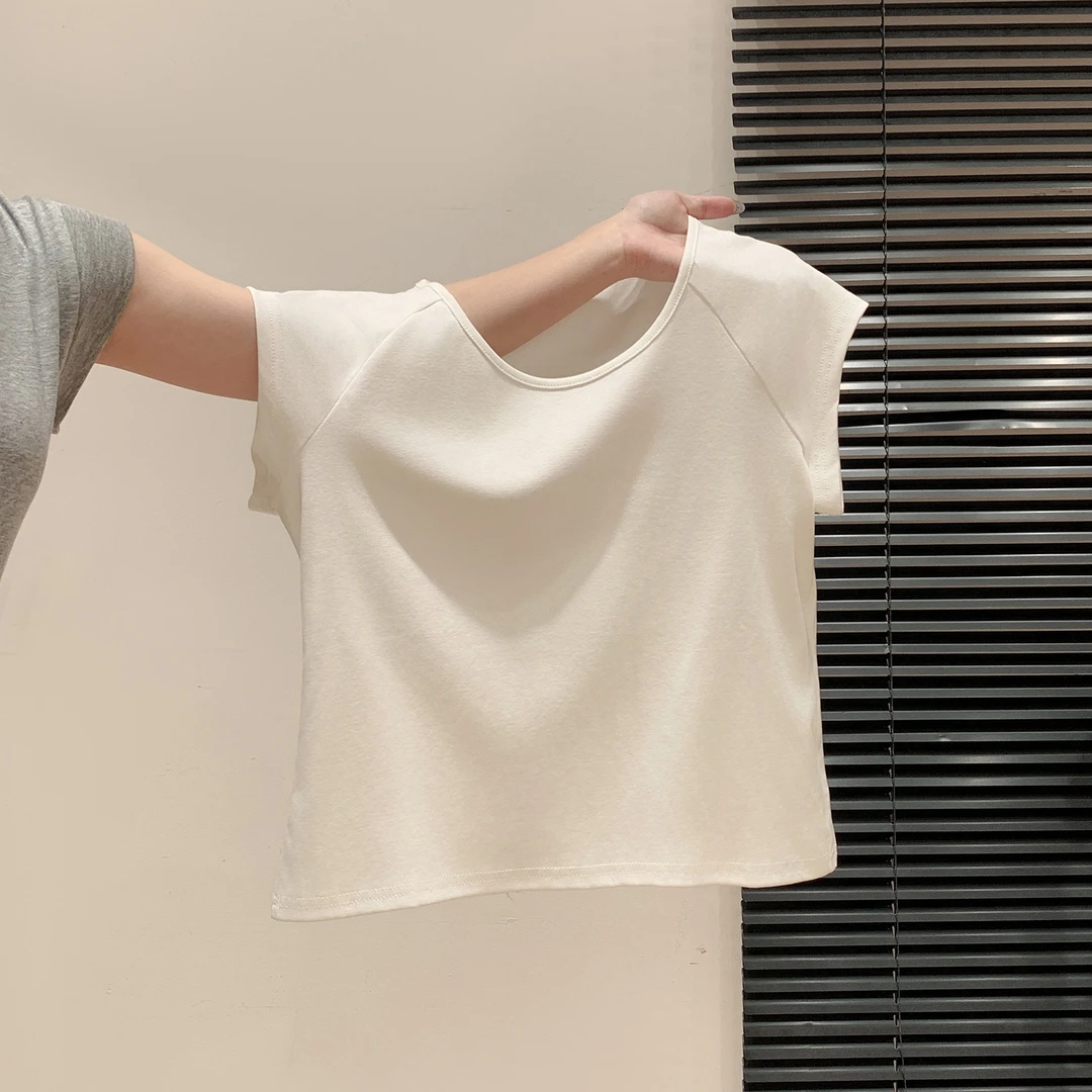极简白色圆领插肩短袖T恤女夏季2025新款小个子宽松显瘦短款上衣