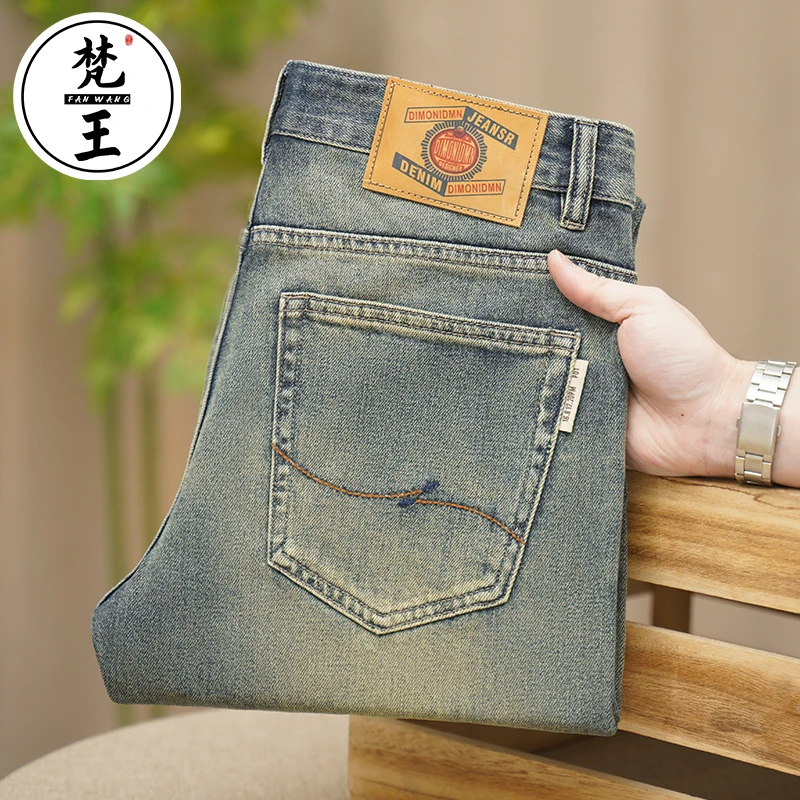 梵王春夏男士九分裤高端复古蓝刺绣破洞柔软锥形潮牌牛仔裤83116